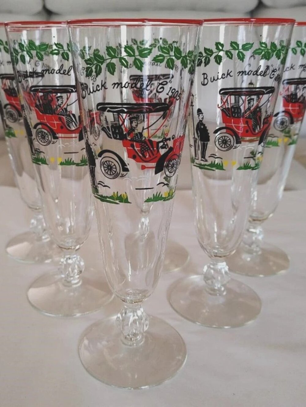 6 Vintage Libbey Pilsner Beer Glasses 1905 Model C Buick Red Green Black  10oz
